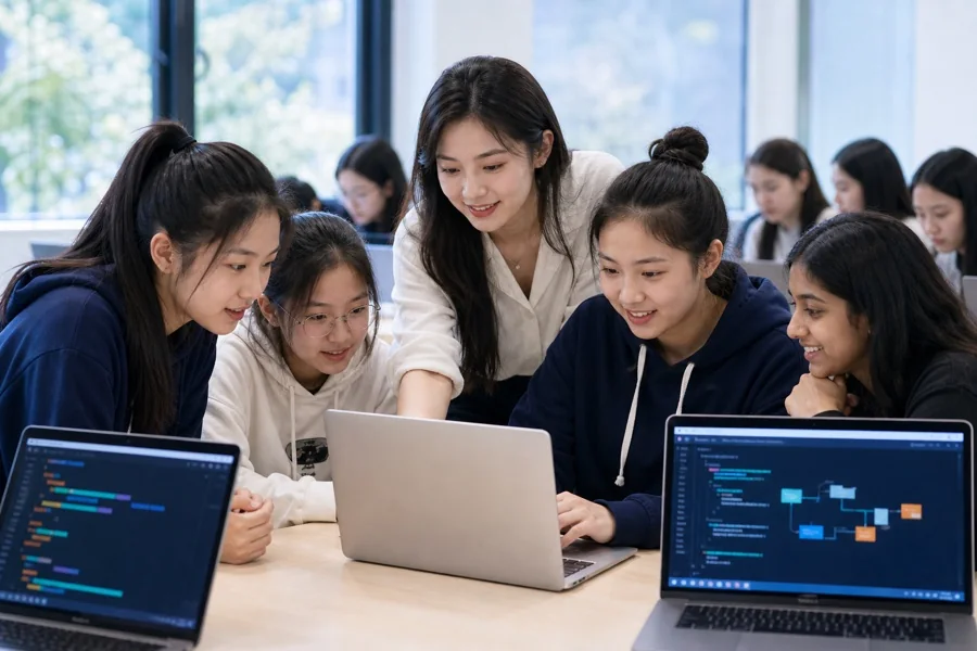 Girls coding workshop in a study space